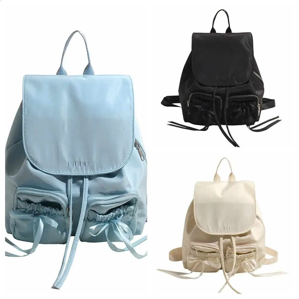 Leisure Korean drawstring backpack bow ballet style nylon bag solid color bucket bag bow shoulder bag 240912