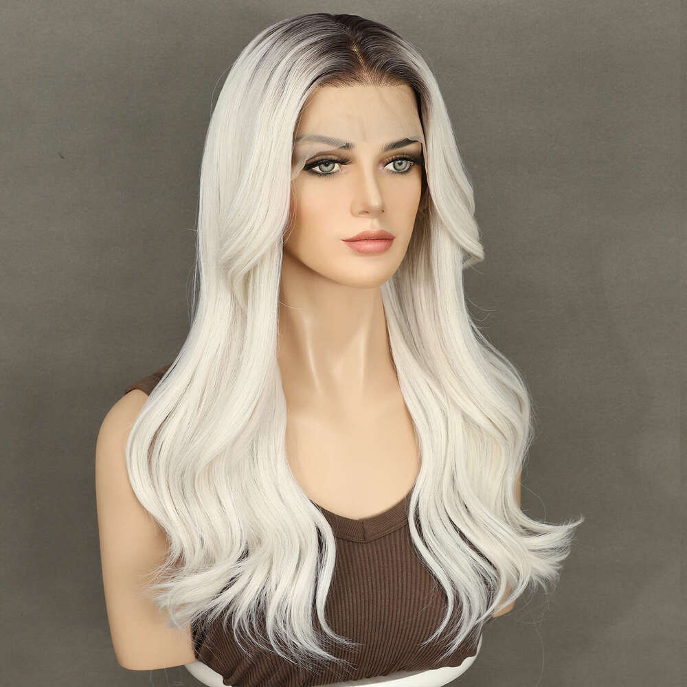 2024 13X4 Front Ash White Dark Roots Transparent Lace Daily Wear Heat Safe Premium Synthetic Wig