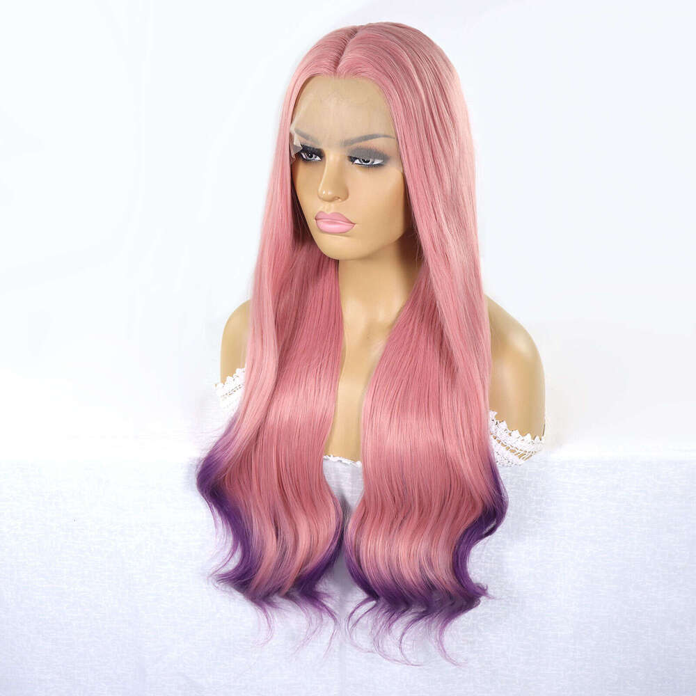 Ombre Pink Purple Front Wigs Natural Wave Cosplay Colored Pre Plucked Transpart Lace Synthetic Wig For Women Party