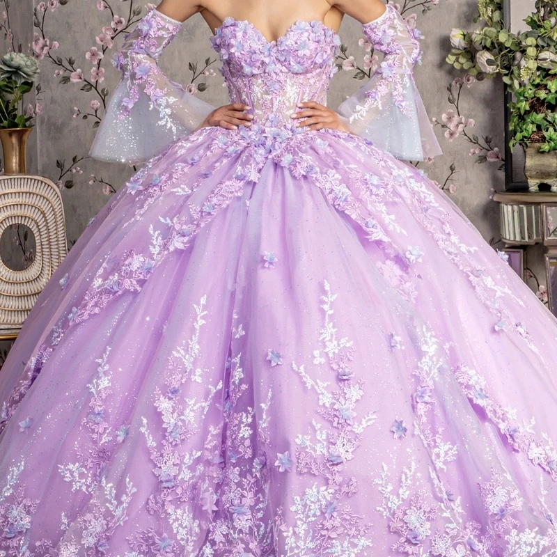 Lilac Princess Quinceanera Dresses 3D Floral Ball Gown Off The Shoulder Sequin Applique Lace Tull Corset 15 Vestidos De XV Anos