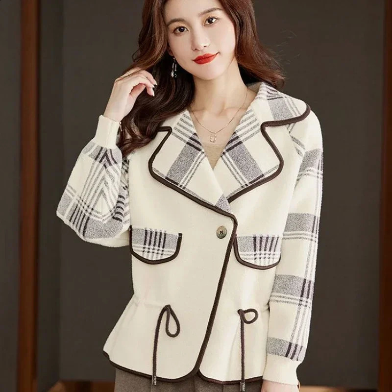 Colorblock Plaid Crop Clothes Coats for Women Loose Wool Blend Blazer Woman Check Short Tweed Outerwears Green Jacket Spring 240911