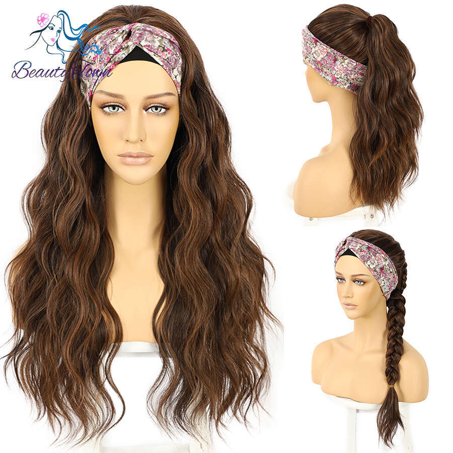 Highlight Honey Blonde Synthetic Headband Daily Wedding Cosplay 26 Inches Long Brown Water Wave Wig 2 Free Bands Gifts