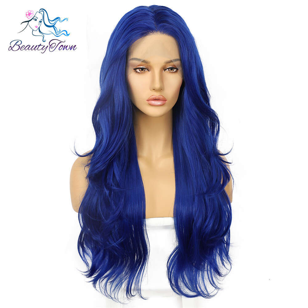Beautytown Lace Front Dia Blue For Young Women Daily Makeup Wear Costume 26Inch Heat Resistant Fiber Synthetiic Hair Wig