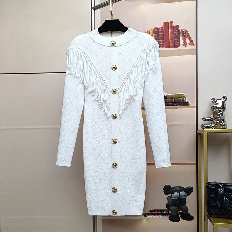 ZJYT autumn and winter long sleeved tassel knitted womens sweater elegant button white black short party dress vest 240913