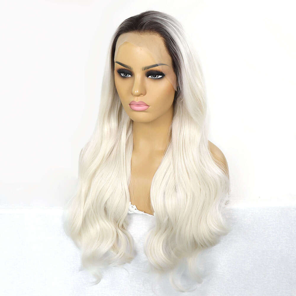 Platinum Body Wavy Lace Front Wigs Long Ash Blonde Synthetic Hair For Women Dark Roots Heat Resistant Colored Wig