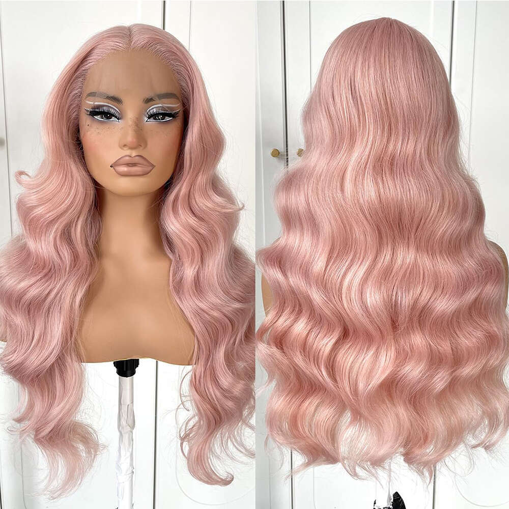 Rose Pink Synthetic Front Wigs 26 Inch Body Wave Colored Glueless Pre Plucked Party Lace Wig For Women Cosplay