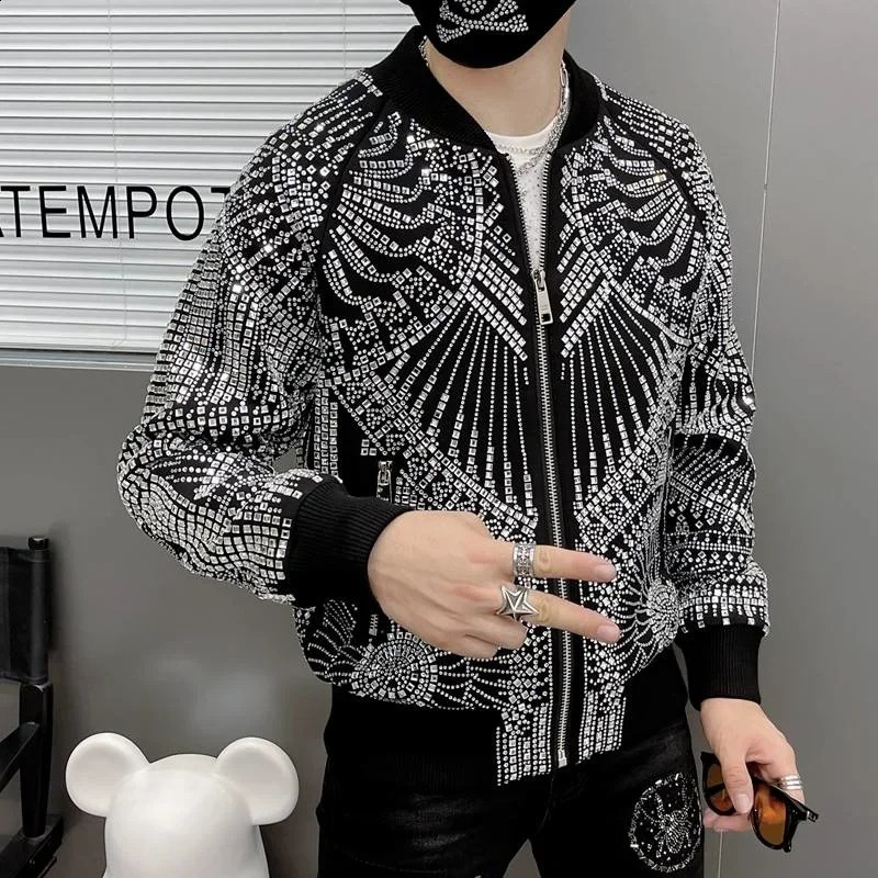 European Retro Jacket Men Jaqueta Bomber Diamond Men Jacket Coat Fashion Rhinestones Punk Club Outfit Slim Jacket 240914