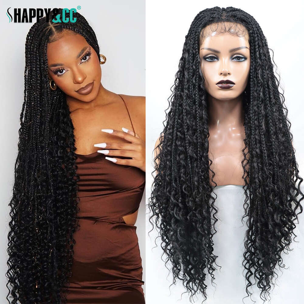 36Inch Boho Box Braided Wigs Synthetic Lace Front Goddess Locs Curly Ends Knotless Square Part Braid Wig With Baby Hair