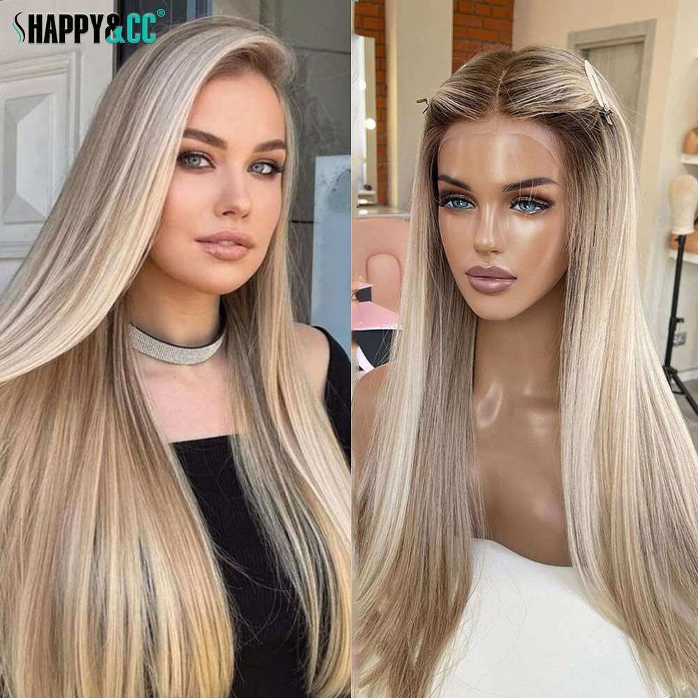 Highlight Synthetic Lace Front Dark Roots Straight Long Ombre Ash Blonde Pre Plucked Colored Wigs For Women 30 Inch