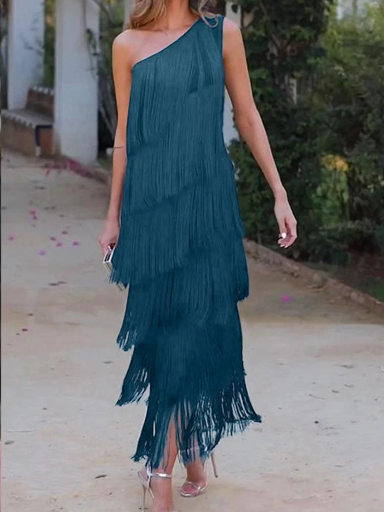 Aoaiys Womens Printed Dress with Diagonal Shoulders Unique Tassel Beach Style Sexy Asymmetric Elegant Fashion 240913