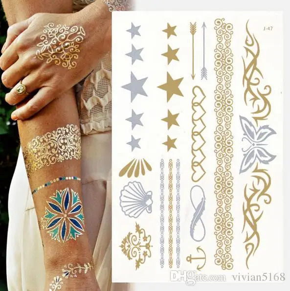 10 fashionable gold silver metal glitter tattoos metal tattoo stickers temporary body art womens beach waterproof size 15X21c 240913