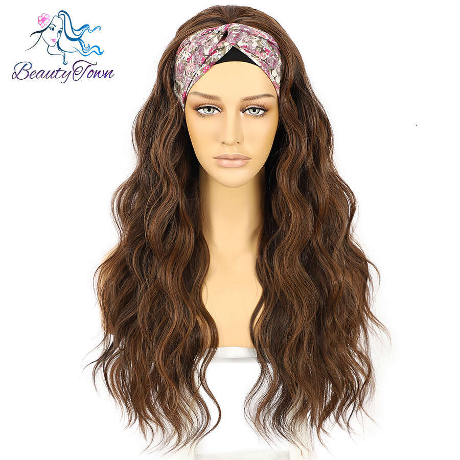 Highlight Honey Blonde Synthetic Headband Daily Wedding Cosplay 26 Inches Long Brown Water Wave Wig 2 Free Bands Gifts