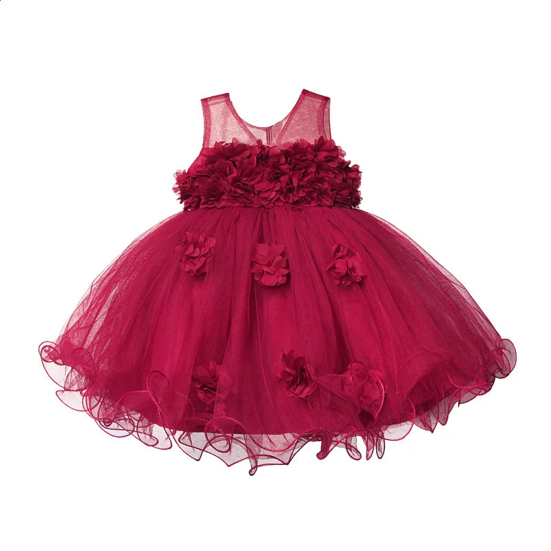 Girl wearing lace flower childrens clothing princess wedding baptism party children 1year birthday vest 240909