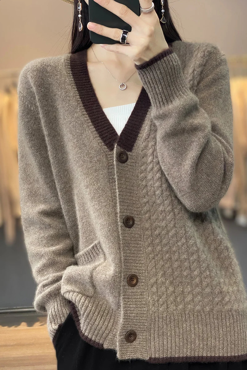 Spring womens sweater fashionable casual jacket cardigan long sleeved Vneck 100% wool knitted top plus size 240912