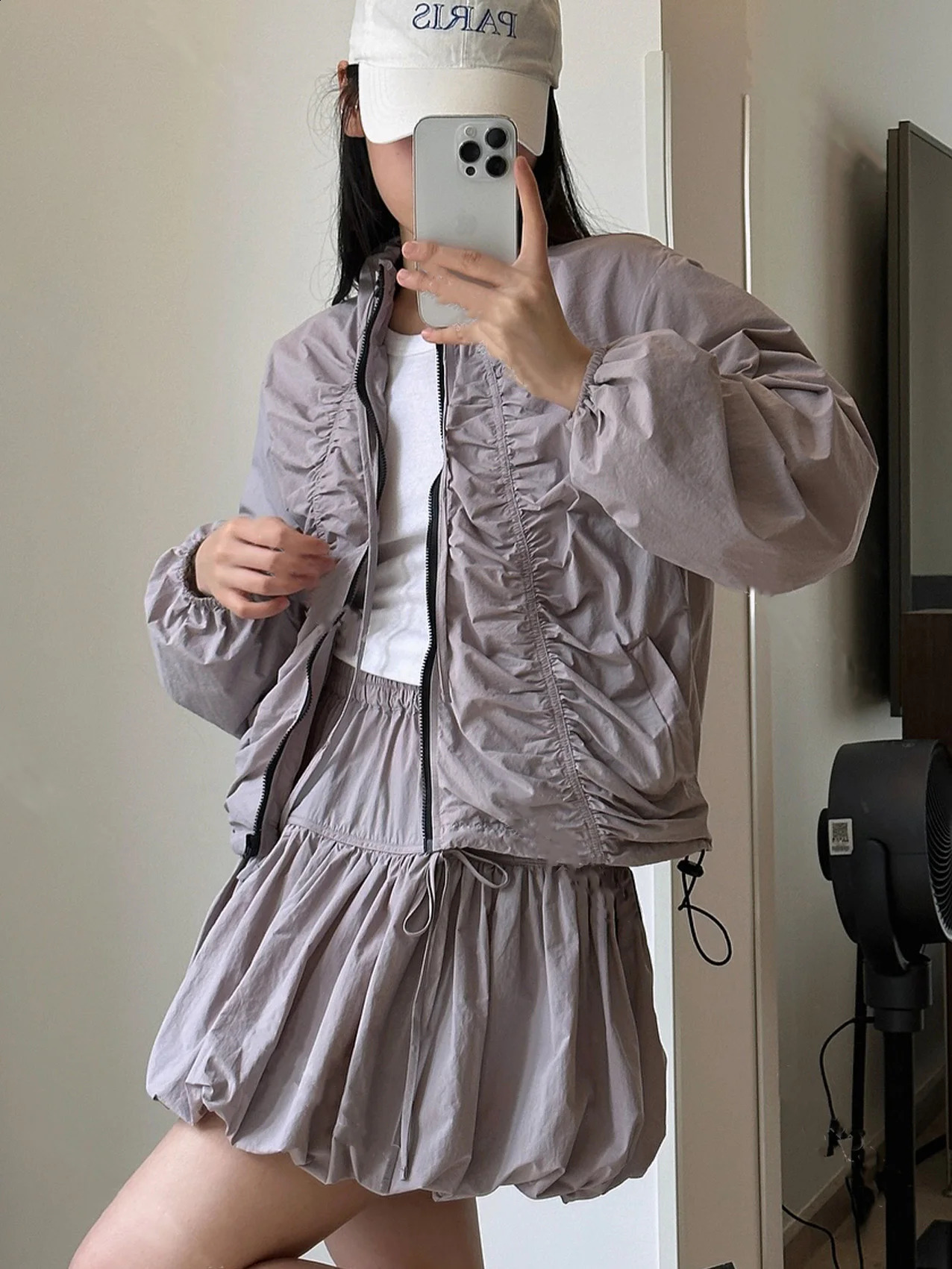 ENjoyce 2024 Spring Women Stand up Neck Pleated Jacket Korean Fashion Zipper Breathable Cropped Coat Y2K Streetwear 240911