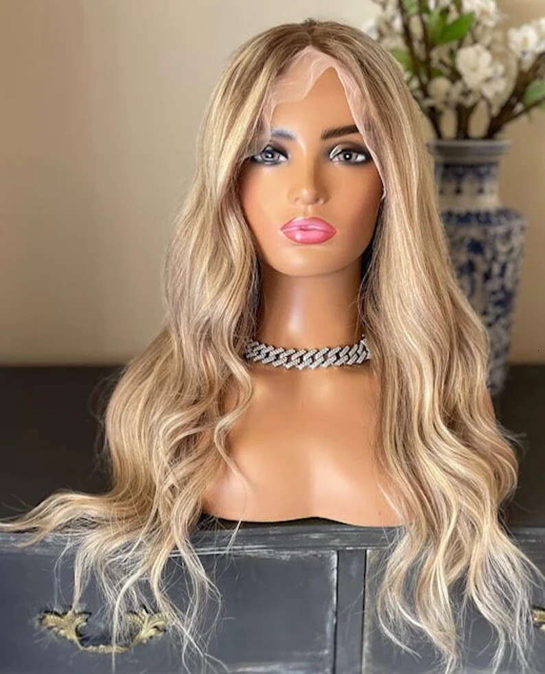 Blonde Highlights Premium Human Hair Full Wigs 13X6" HD Lace Front Glueless Pre-Plucked Ashy Roots Slight Wavy Wig 200%