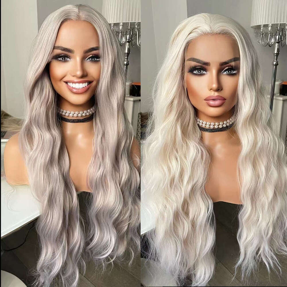 AIMEYA Platinum Blonde Long Wave Heat Resistant Synthetic Front Wigs Natural Haire Sier Lace Wig Daily Use Cosplay
