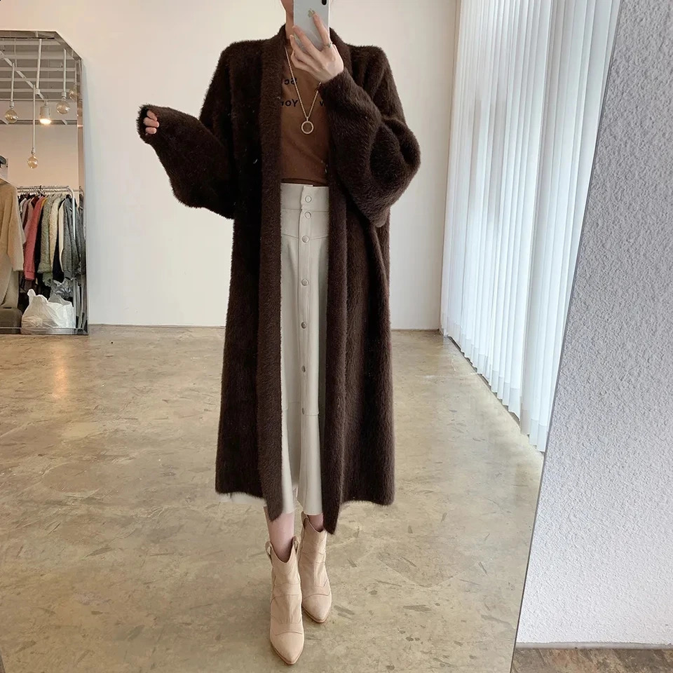 Artificial mink cashmere cardigan autumn and winter womens soft lazy long coat thick knitted sweater 240906