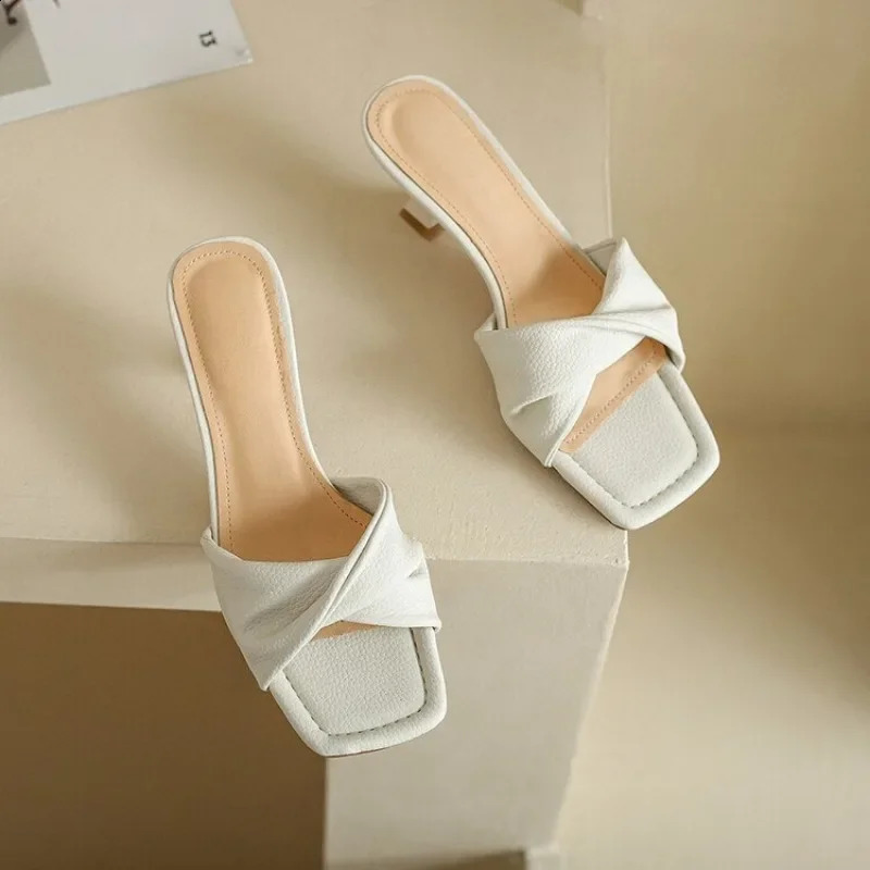 Summer Thin Heel Slippers Women Fashion Pleated Square Toe Green Orange Women Sandals Casual Elegant Ladies Dress Shoes 240914