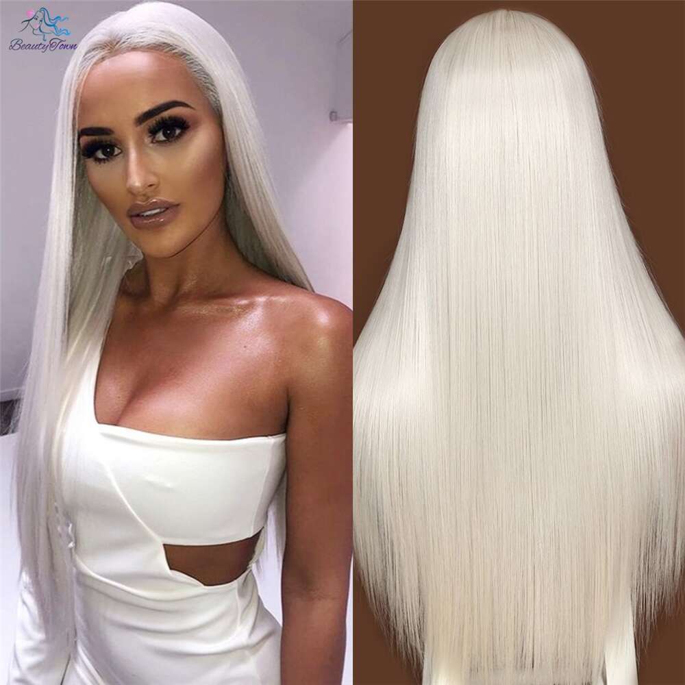 Beautytown Long Straight Sier White For Women Daily Makeup Halloween T Part No-Tangle Futura Fiber Synthetic Lace Wig