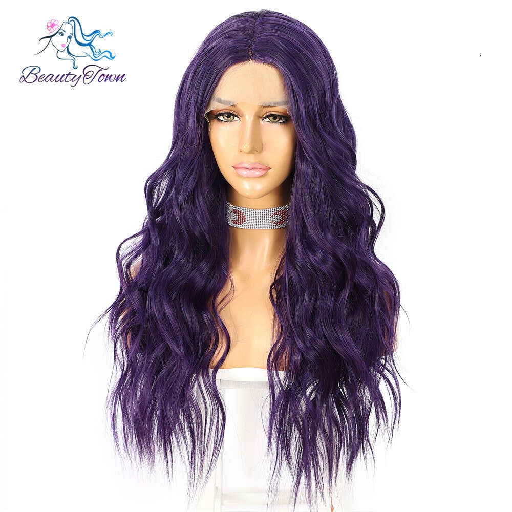 Long Wavy Purple Synthetic Lace Wigs For Women Daily Makeup Cosplay Party Wedding Heat Resistant Fiber Natural Looking Hair 2021