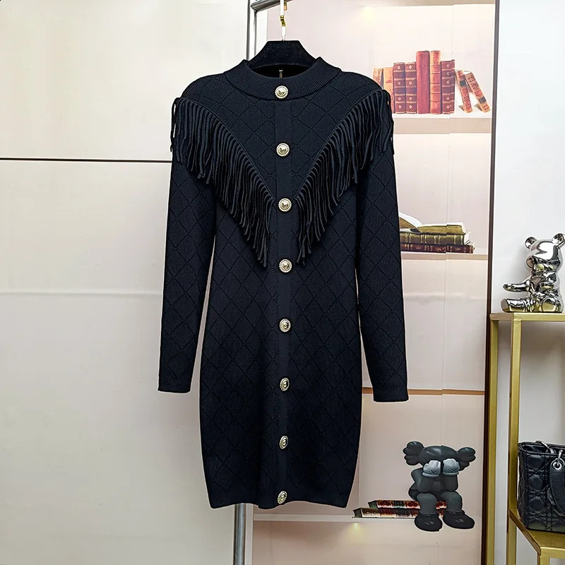 ZJYT autumn and winter long sleeved tassel knitted womens sweater elegant button white black short party dress vest 240913