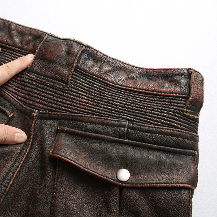 Spring and autumn factory mens plus size leather genuine denim motorcycle mens multi pocket retro Trouser 240913