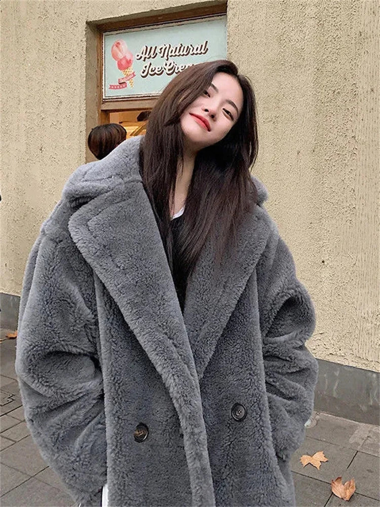 Thicken Warm Teddy Faux Fur Coats Loose Long Furry Jacket Women Winter Plush Casaco Korean High Quality Elegant Chaquetas 240911