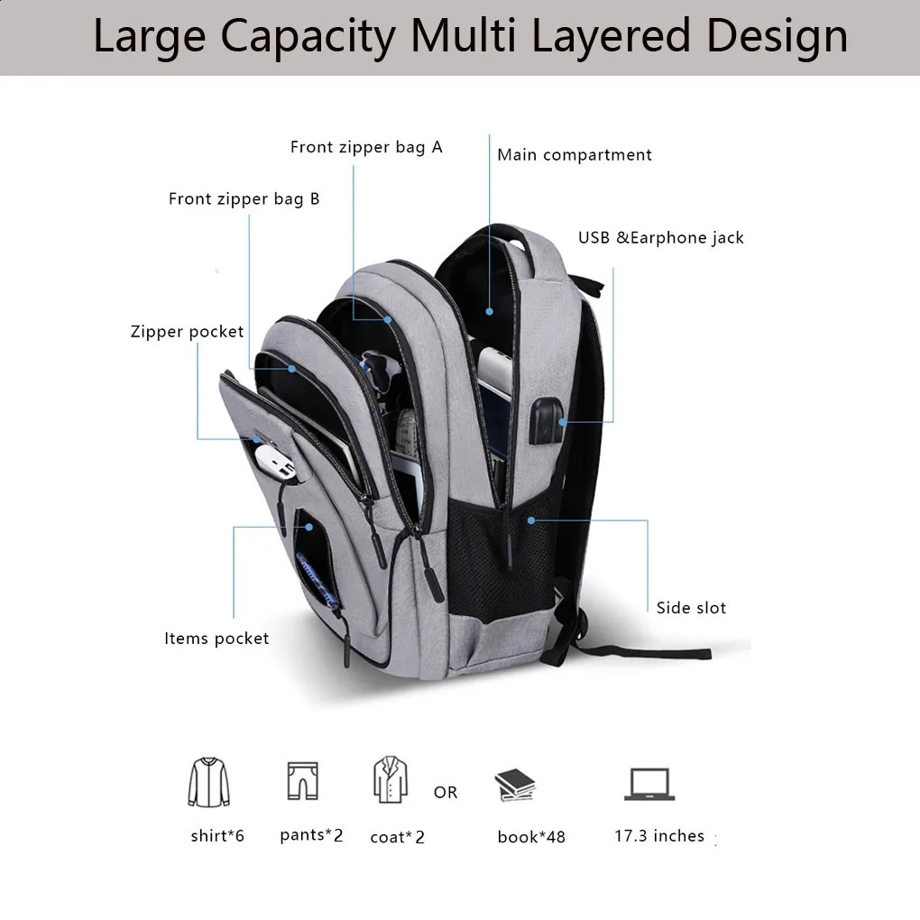 Men Backpack USB Charging Large Capacity Multi Layered Split Leisure Fashion Outdoor Travel Sports Business School Bags 240913