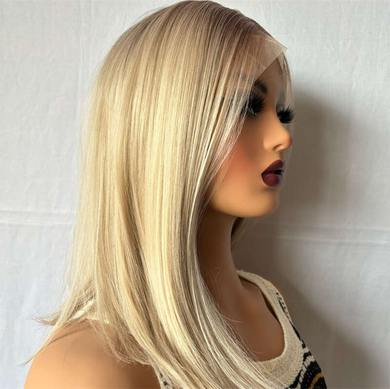 Fashion Ash Blonde Highlight Color Short Straight Bob Front Wigs For Women Long Synthetic Hair Dark Roots 13X4 Lace Frontal Wig