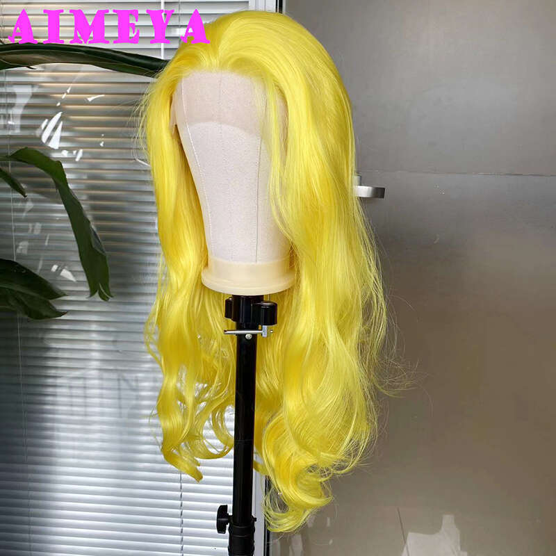 AIMEYA Yellow Wig Long Wave Synthetic Lace Front Heat Resiatant Fiber Hair Daily Use Cosplay Wigs
