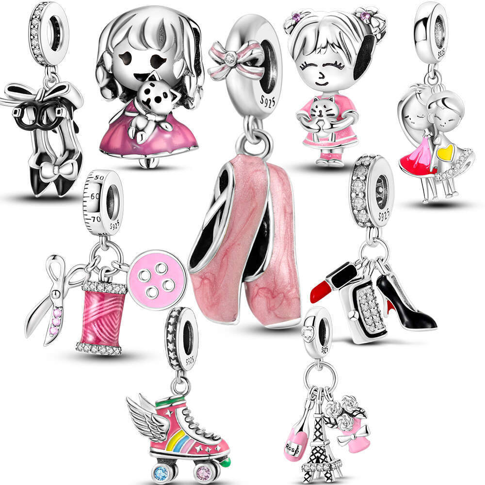925 Sterling Silver Pink Ballet Skates Series Charms Fit Original Bracelet Necklace DIY Bead For Women Jewelry Make Gift