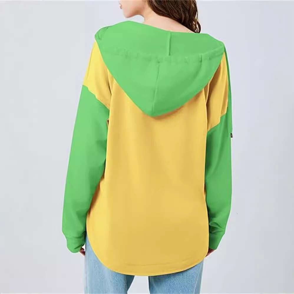 Short sleeved women's color blocked hooded casual V-neck loose sports shirt pullover top