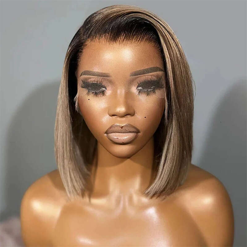 Brown Highlight Synthetic Lace Front Short Bob Wigs 13X3 Colored Straight Glueless Dark Roots Blonde Wig For Women