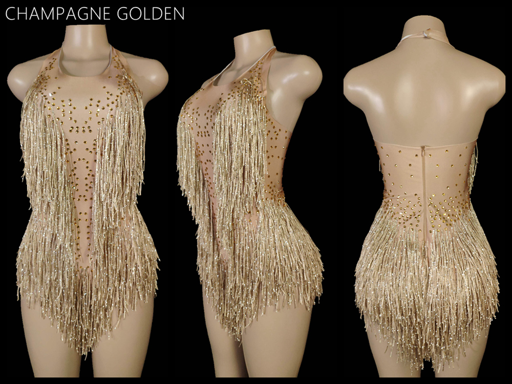Sparkly Crystals Fringes Bodysuit Sexy Tassel Leotard Jazz Dance Costume One-Piece Stage Wear Dancer Performance Show Clothing