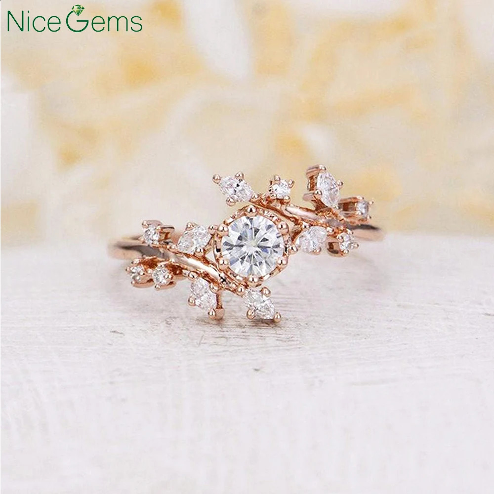 NiceGems 14K Rose Gold Vintage Engagement Ring Natural Diamond Cluster ring unique leaf wedding Bridal Promise 240906