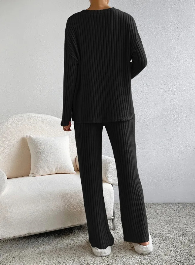 2024 Womens autumn winter knit cotton suit solid home clothes loose long-sleeved casual V-neck sweater straight pant trousers 240905