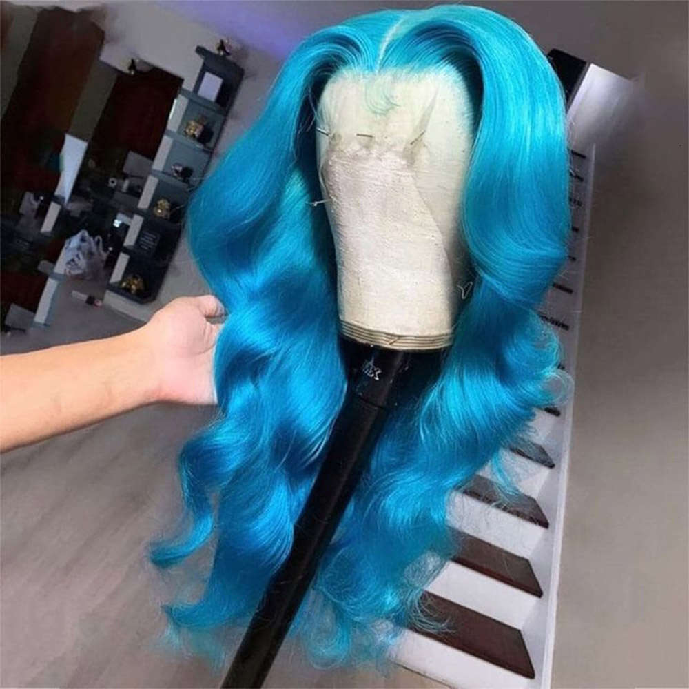 Blue Synthetic Lace Front Wigs Body Colored Long Natural Wave Party Cosplay Glueless Heat Resistant Wig For Women