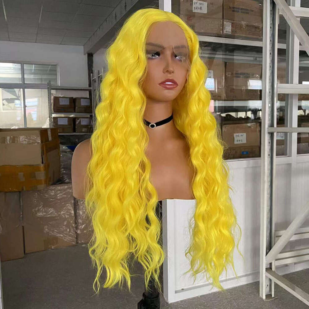 AIMEYA Lemon Yellow Synthetic Heat Resistant Lace Front Wigs Long Body Wave Daily Use Cosplay Party Wig
