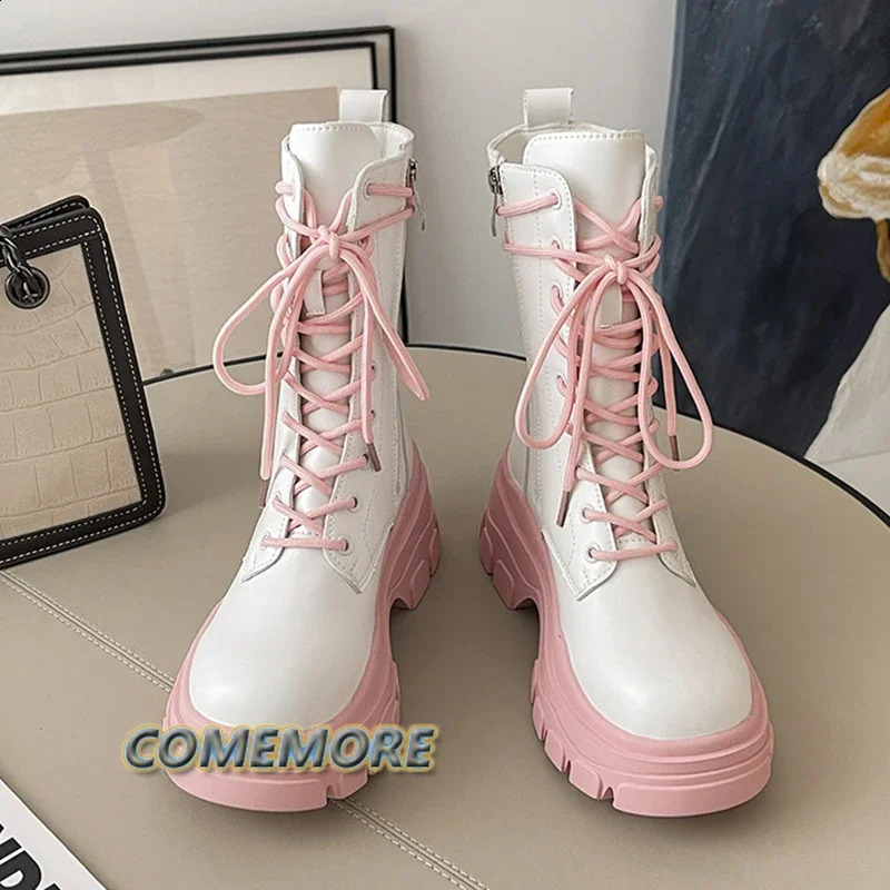 Pink Chunky Platform Ankle Women Autumn Thick Bottom Pu Leather Boots Shoes Womans Mix Color Lace Up Motorcycle Botas 240911