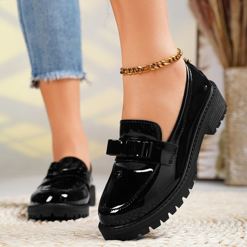2024 Womens Summer Fashion Round Toe Retro Solid Color Loafers PU Leather Daily Leisure Banquet Dress High Heels 240914