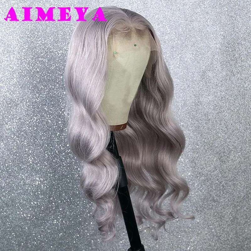 AIMEYA Sier Grey Long Body Wave Synthetic Lace Front Natural Haire Light Gray Heat Resistant Daily Wear Wig Cosplay