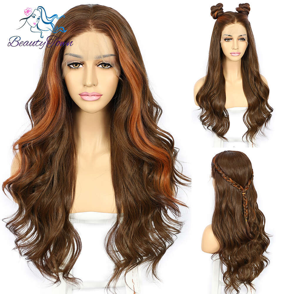 Ginger Orange Synthetic Front Highlight Copper Blonde HD Transparent Lace Frontal Body Wave Full Cosplay Daily Wig