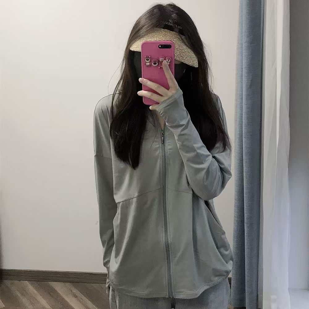 Summer ice silk sun protection clothing women wear thin breathable zipper long sleeve hooded coat loose.