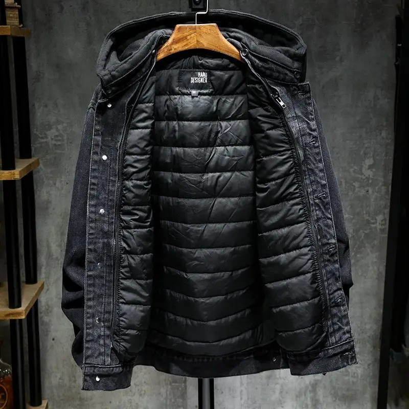 Black denim jacket mens spring 2023 hooded detachable loose fitting versatile casual top winter men 240905