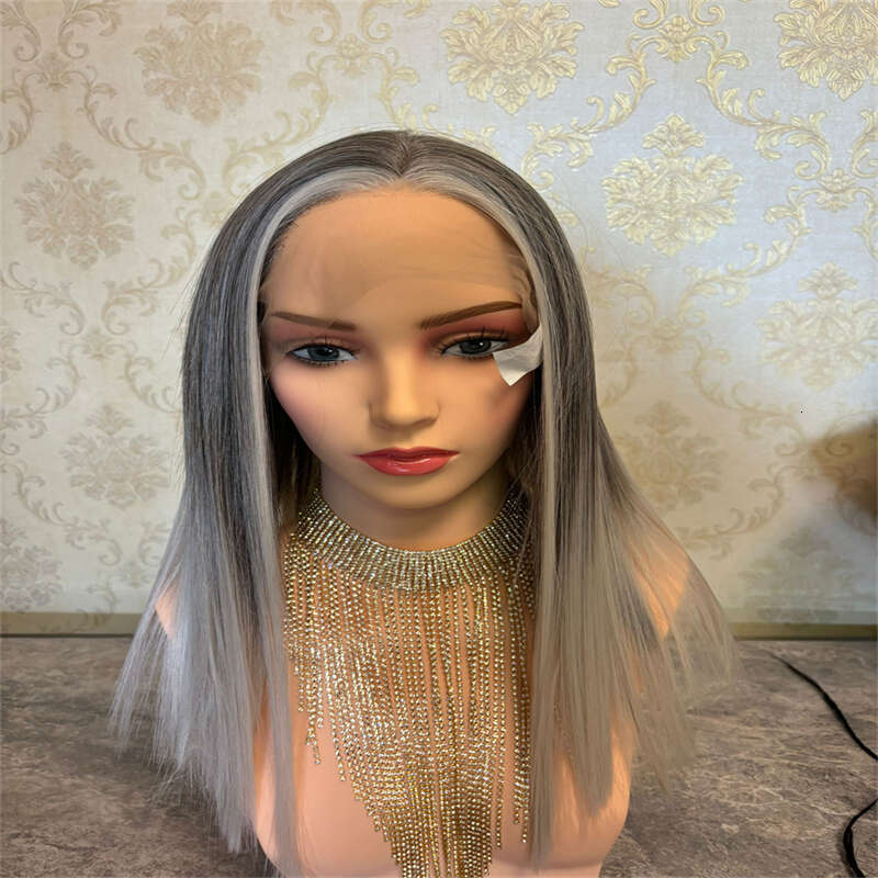 Ash HD Lace Front Wigs Silky Straight Ombre Colored Synthetic For Women Dark Roots Grey White Cosplay Glueless Wig