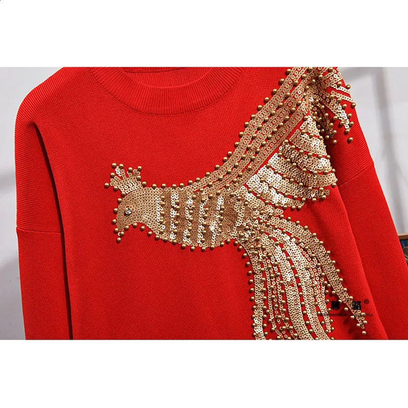 Red Black Gray White Knitted Set Women Manual Sequins Phoenix Sweater Harem Pants Two Piece Outfits Female Tracksuit Knit Suit 240905