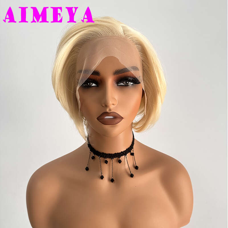 AIMEYA 613 Blonde Short Wigs Natural Looking E Cut Heat Resistant Synthetic Hair Lace Front Wig Daily Use Cosplay Party