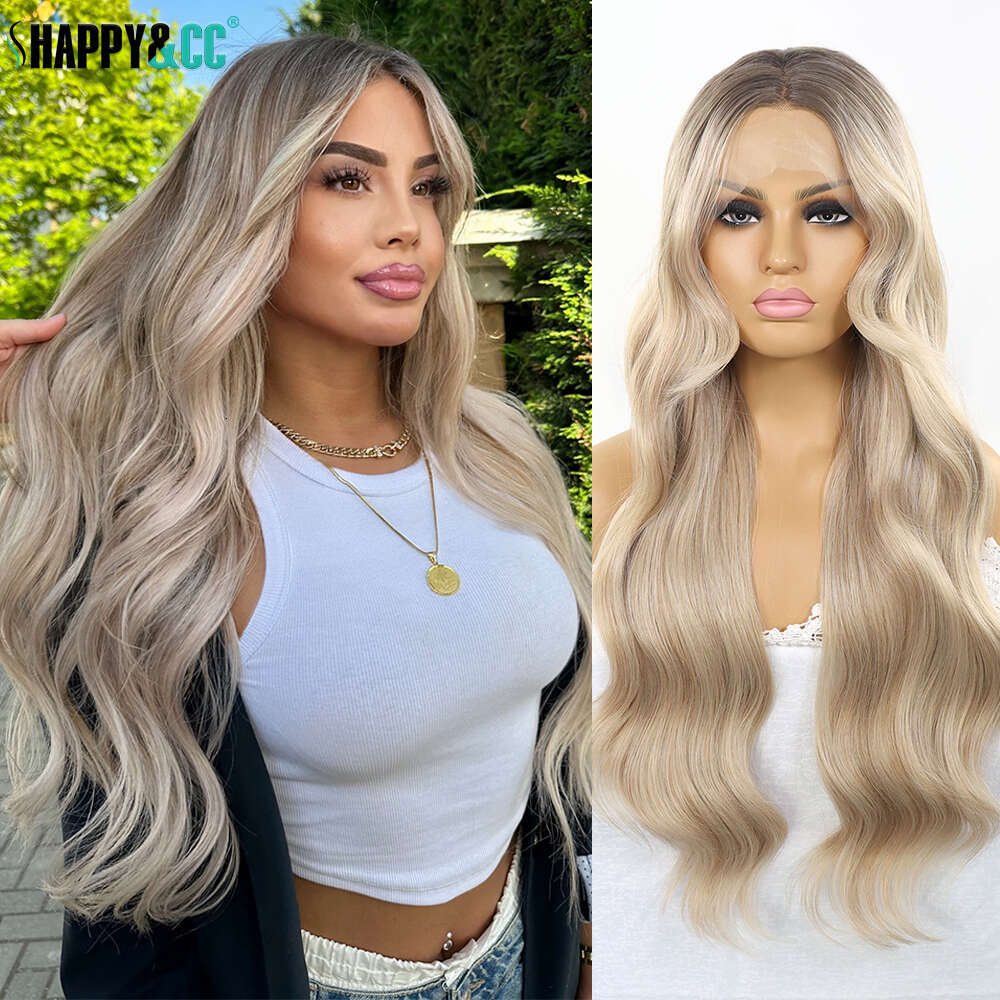 Ash Blonde Synthetic Lace Front Wigs Body Wave Highlight Colored For Women Dark Roots Ombre 613 Cosplay Glueless Wig