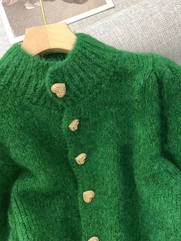 Green Knitted Cardigan Sweaters Autumn Half High Collar Sweet Casual Korean Fashion Winter Jacket 240905